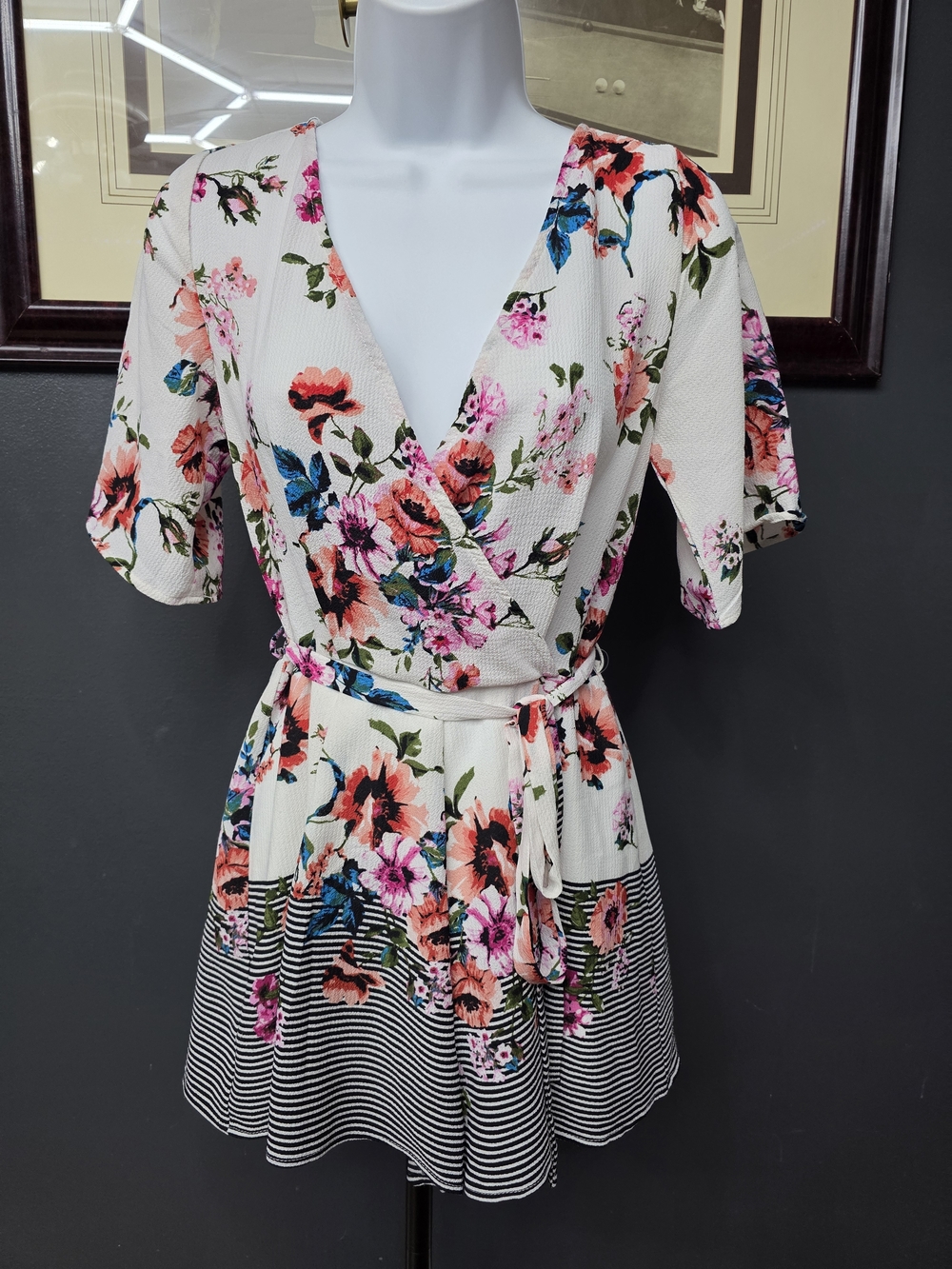 Three Hearts Floral Wrap Romper in Cream with Pink & Blue Flowers